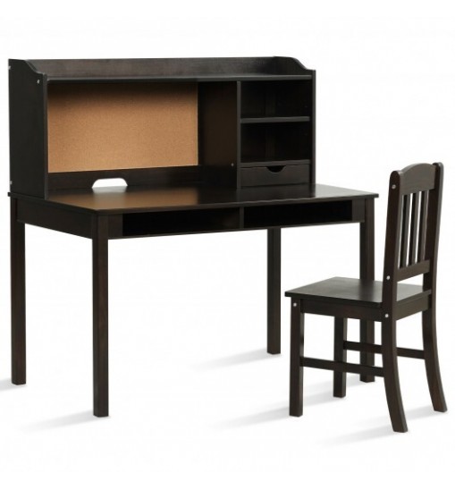 Kids Desk and Chair Set Study Writing Desk with Hutch and Bookshelves-Brown - Color: Brown