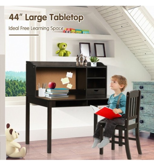 Kids Desk and Chair Set Study Writing Desk with Hutch and Bookshelves-Brown - Color: Brown