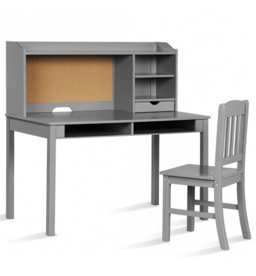 Kids Desk and Chair Set Study Writing Desk with Hutch and Bookshelves-Gray - Color: Gray