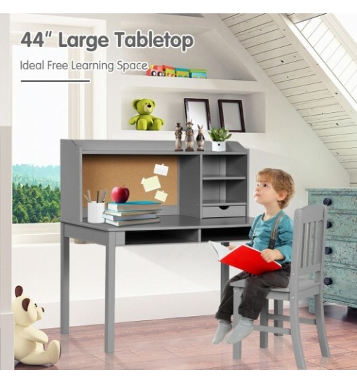 Kids Desk and Chair Set Study Writing Desk with Hutch and Bookshelves-Gray - Color: Gray