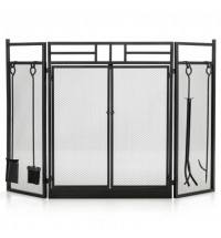 3-Panel Folding Wrought Iron Fireplace Screen with Doors and 4 Pieces Tools Set-Black - Color: Black