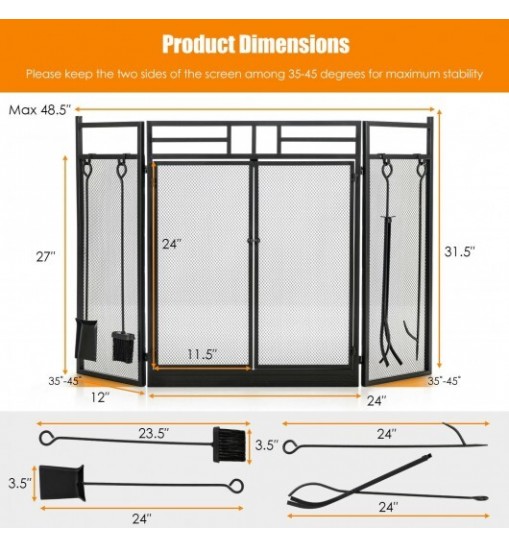 3-Panel Folding Wrought Iron Fireplace Screen with Doors and 4 Pieces Tools Set-Black - Color: Black