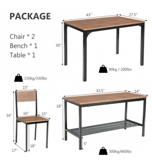 4 Pieces Rustic Dining Table Set with 2 Chairs and Bench-Brown - Color: Brown