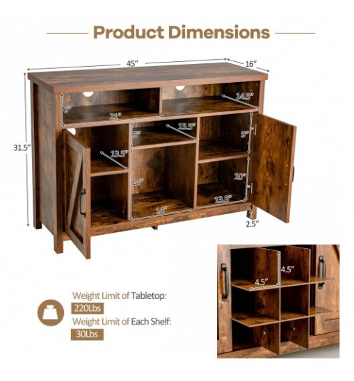 Farmhouse Sideboard with Detachable Wine Rack and Cabinets-Rustic Brown - Color: Rustic Brown