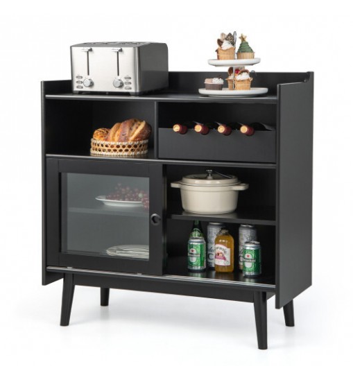 Kitchen Buffet Sideboard with Wine Rack and Sliding Door-Black - Color: Black