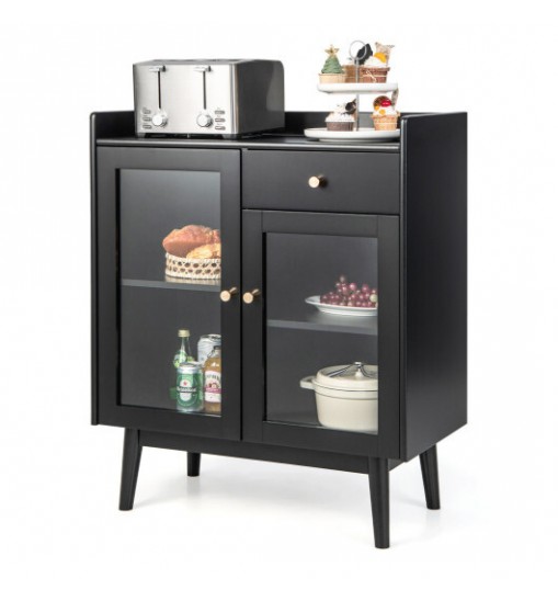 Kitchen Buffet Sideboard with 2 Tempered Glass Doors and Drawer-Black - Color: Black