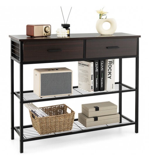 39.5 Inch Entryway Table with 2 Drawers and 2-Tier Shelves-Dark Brown - Color: Dark Brown