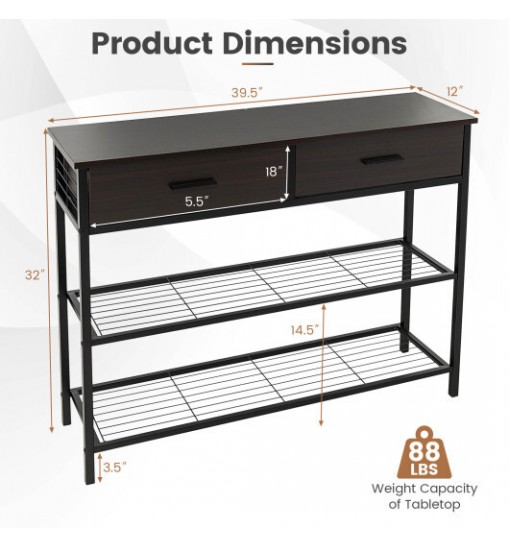 39.5 Inch Entryway Table with 2 Drawers and 2-Tier Shelves-Dark Brown - Color: Dark Brown