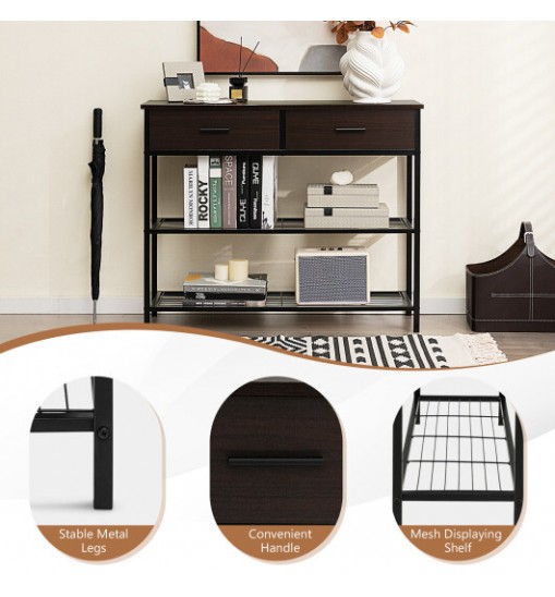 39.5 Inch Entryway Table with 2 Drawers and 2-Tier Shelves-Dark Brown - Color: Dark Brown