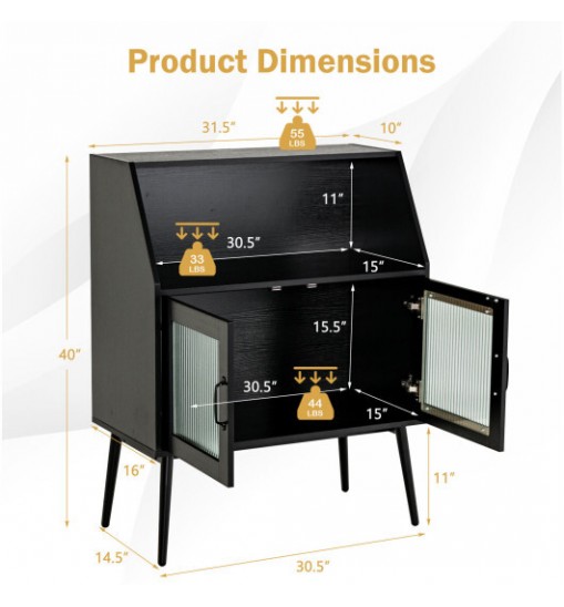 Kitchen Sideboard Buffet with Open Cubby and 2 Glass Doors-Black - Color: Black