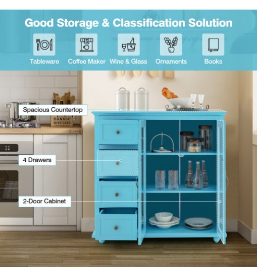 Buffet Sideboard Table Kitchen Storage Cabinet with Drawers and Doors-Blue - Color: Blue