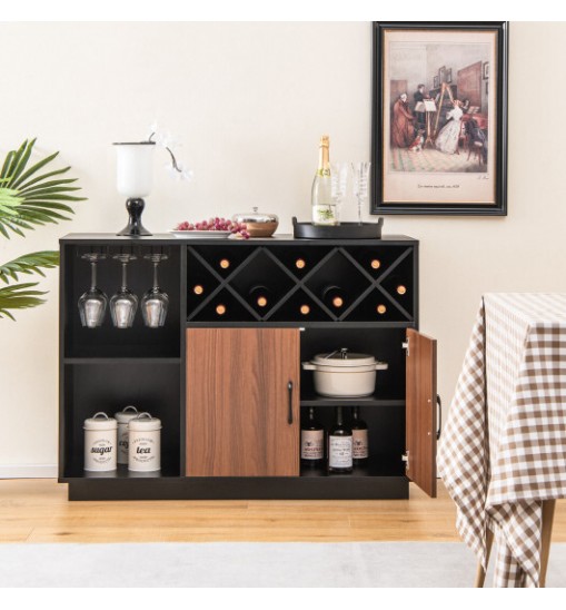 Industrial Sideboard Cabinet with Removable Wine Rack and Glass Holder - Color: Black