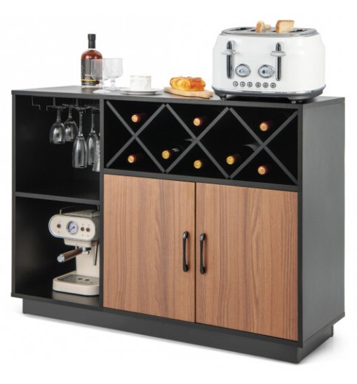 Industrial Sideboard Cabinet with Removable Wine Rack and Glass Holder - Color: Black