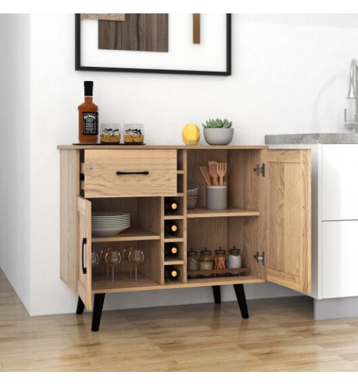 2-Door Buffet Sideboard with 6-Bottle Wine Rack Drawer - Color: Natural