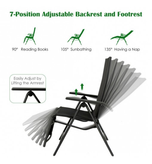 Outdoor Folding Lounge Chair with 7 Adjustable Backrest and Footrest Positions-Gray - Color: Gray