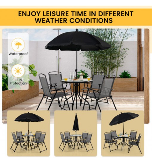 6 Pieces Patio Dining Set Folding Chairs Glass Table Tilt Umbrella for Garden-Gray - Color: Gray