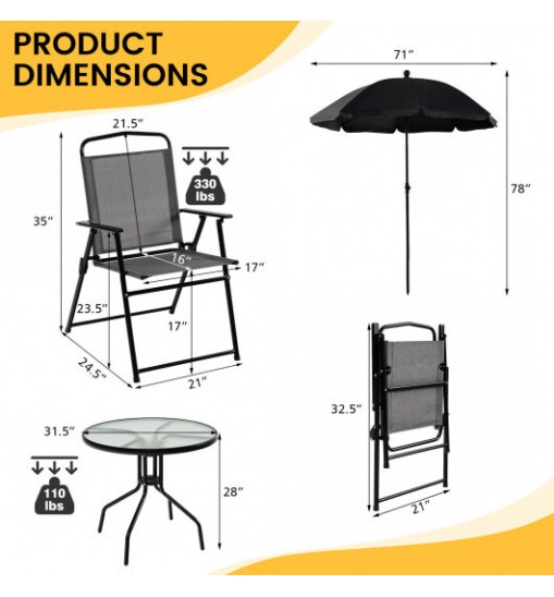 6 Pieces Patio Dining Set Folding Chairs Glass Table Tilt Umbrella for Garden-Gray - Color: Gray