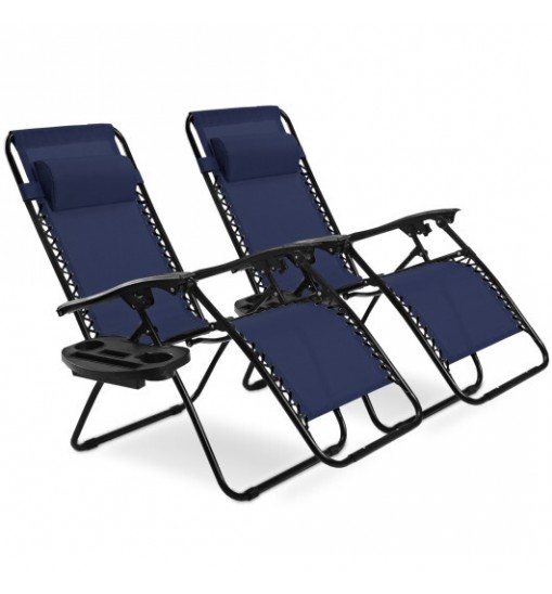 2 Pieces Folding Lounge Chair with Zero Gravity-Navy - Color: Navy