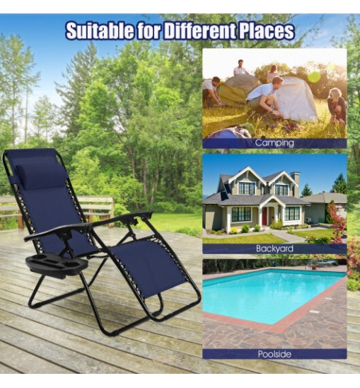 2 Pieces Folding Lounge Chair with Zero Gravity-Navy - Color: Navy