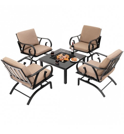 5 Pieces Patio Rocking Chairs and 4-in-1 Fire Pit Table with Fire Poker - Color: Brown