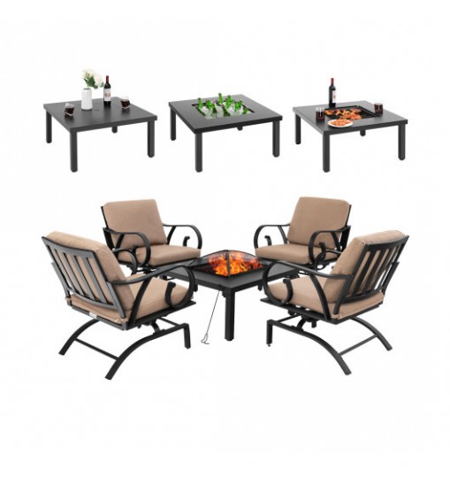 5 Pieces Patio Rocking Chairs and 4-in-1 Fire Pit Table with Fire Poker - Color: Brown