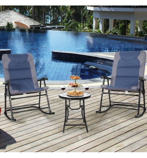 3 Pcs Outdoor Folding Rocking Chair Table Set with Cushion-Blue - Color: Blue