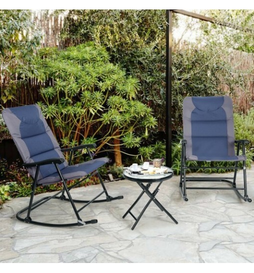 3 Pcs Outdoor Folding Rocking Chair Table Set with Cushion-Blue - Color: Blue