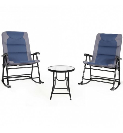 3 Pcs Outdoor Folding Rocking Chair Table Set with Cushion-Blue - Color: Blue