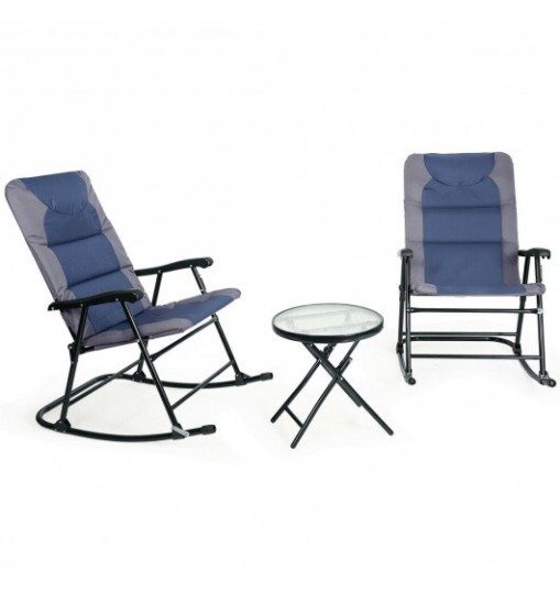 3 Pcs Outdoor Folding Rocking Chair Table Set with Cushion-Blue - Color: Blue