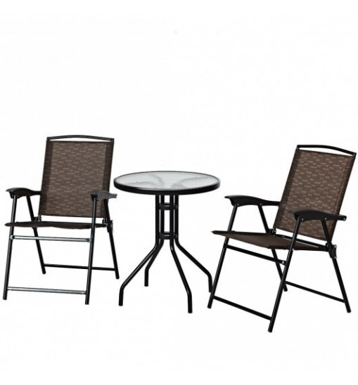 3 Pieces Bistro Patio Garden Furniture Set of Round Table and Folding Chairs - Color: Brown