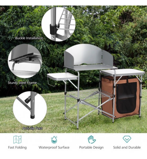 Foldable Outdoor BBQ Portable Grilling Table With Windscreen Bag - Color: Brown