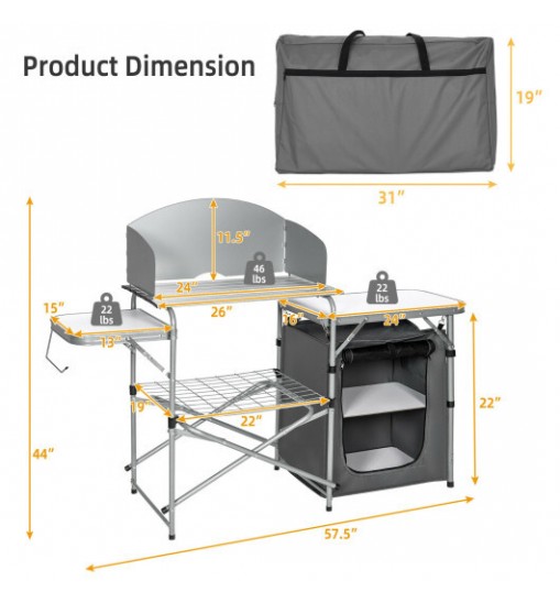 Foldable Outdoor BBQ Portable Grilling Table With Windscreen Bag-Gray - Color: Gray