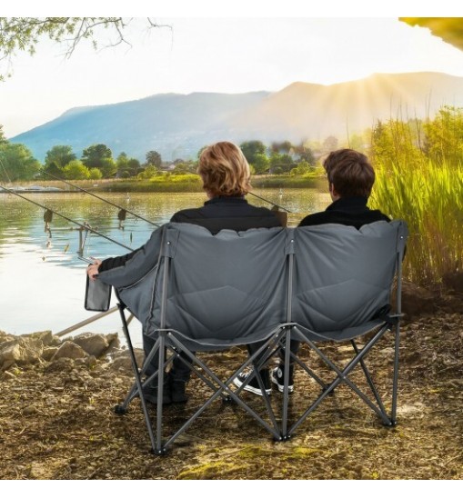 Folding Camping Chair with Bags and Padded Backrest-Gray - Color: Gray