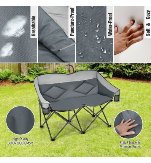 Folding Camping Chair with Bags and Padded Backrest-Gray - Color: Gray