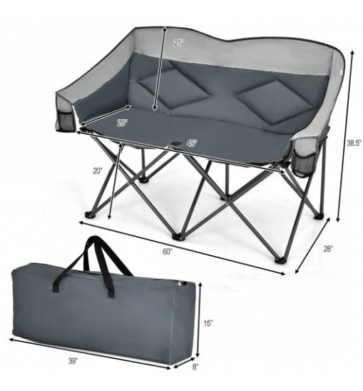 Folding Camping Chair with Bags and Padded Backrest-Gray - Color: Gray