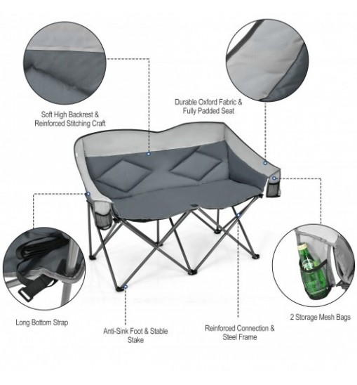 Folding Camping Chair with Bags and Padded Backrest-Gray - Color: Gray