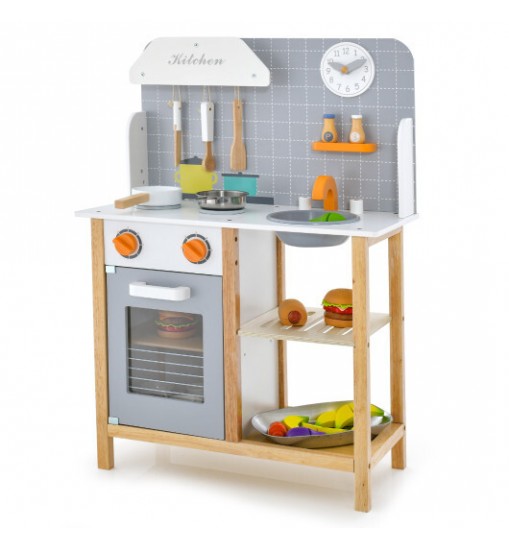 Wooden Toddler Pretend Kitchen Set with Cookware Accessories for Boys and Girls-Grey - Color: Gray