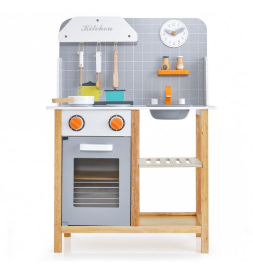 Wooden Toddler Pretend Kitchen Set with Cookware Accessories for Boys and Girls-Grey - Color: Gray