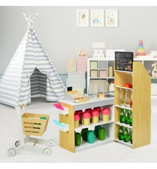 Grocery Store Playset Pretend Play Supermarket Shopping Set - Color: Natural