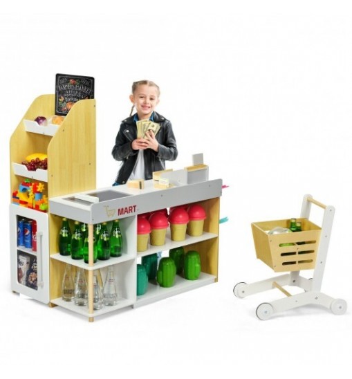 Grocery Store Playset Pretend Play Supermarket Shopping Set - Color: Natural