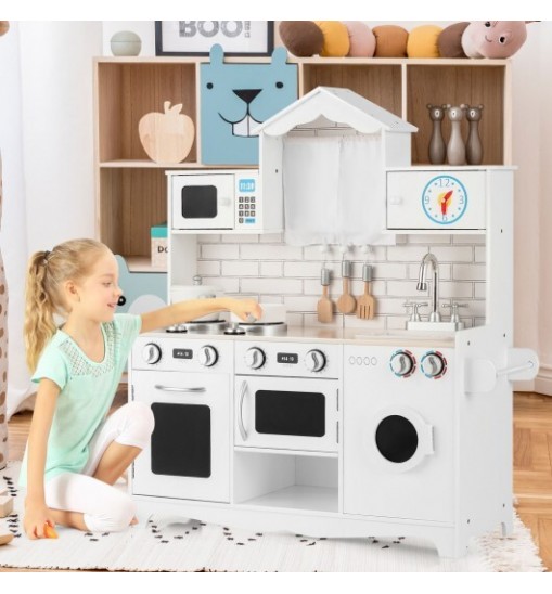 Wooden Kids Kitchen with Washing Machine - Color: White