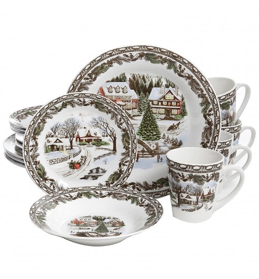 Gibson Home Christmas Toile 16 Piece Dinnerware Set