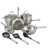 Oster Ridgewell 13 piece Stainless Steel  Belly Shape Cookware Set in Silver Mirror Polish with Hollow Handle