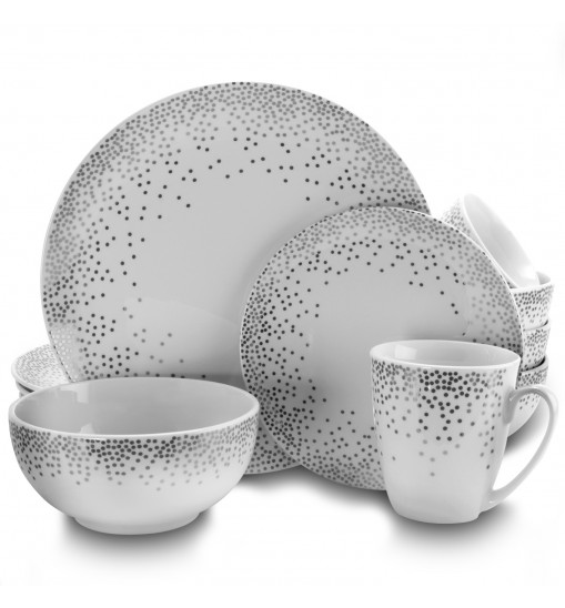 Gibson Platinum Dots 16 Piece Round Ceramic Dinnerware Set