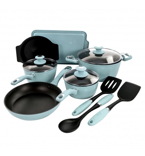 Oster Lynhurst 12 Piece Nonstick Aluminum Cookware Set in Blue with Kitchen Tools