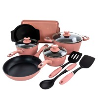 Oster Lynhurst 12 Piece Nonstick Aluminum Cookware Set in Pink with Kitchen Tools