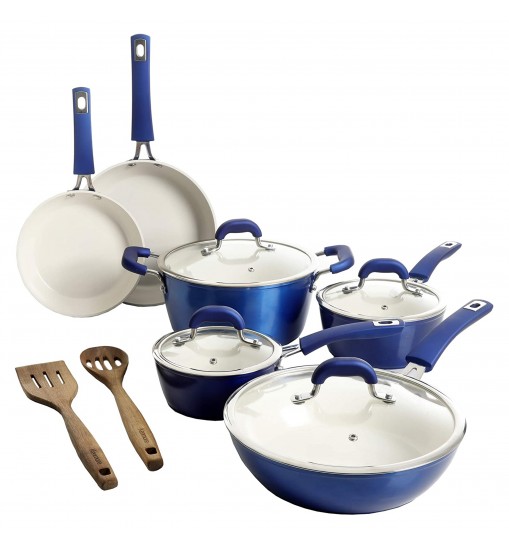 Kenmore Arlington 12 Piece Aluminum Ceramic Coated Nonstick Cookware Set in Metallic Blue