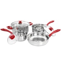 Gibson Home Crawson 7 Piece Stainless Steel Cookware Set in Chrome with Red Handles