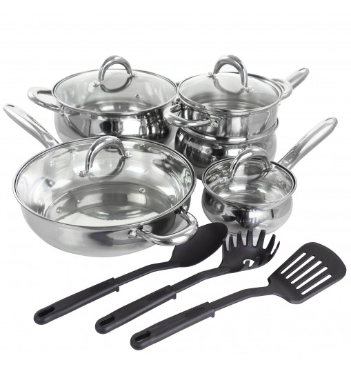 Gibson Home Ancona 12 Piece Stainless Steel Belly Shaped Cookware Set with Kitchen Tools