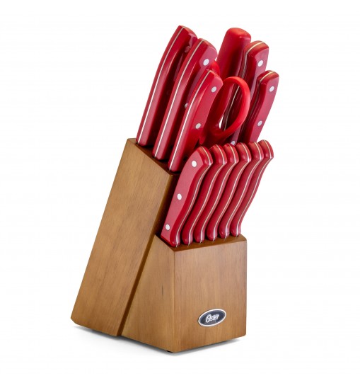 Oster Evansville 14 Piece Stainless Steel Cutlery Set with Red Handles